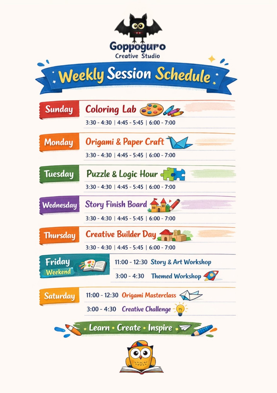 Goppoguro Creative Studio Weekly Session Schedule poster
